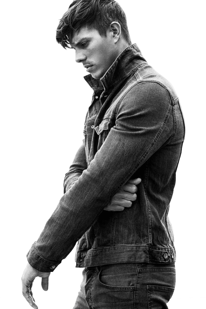 Kenny Braasch black and white, in jean jacket modeling